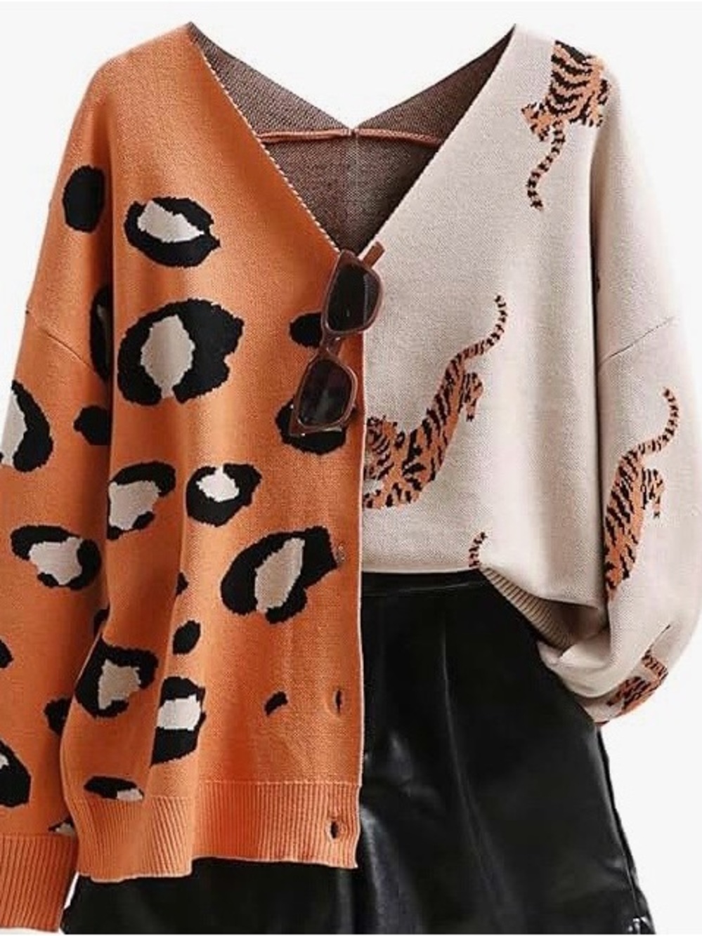 Women's Two-Tone Tiger & Leopard Print V-Neck Sweater - Orange/Cream